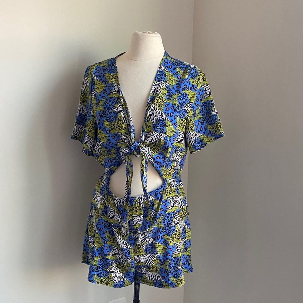 SHEIN Animal Print Tie-Front Romper Womens Sz XL Blue Green Shorts